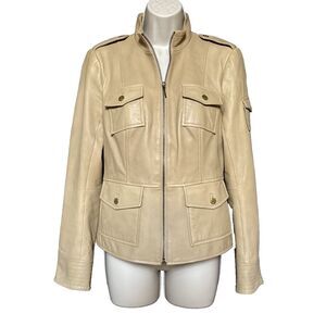 Tory Burch Size 6 Tan Leather Military Bikers Zip Up Jacket Super Soft Leather